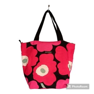 Marimekko Avon For Breast Cancer Zipper  Cotton Tote Bag Red Pink Floral Poppy
